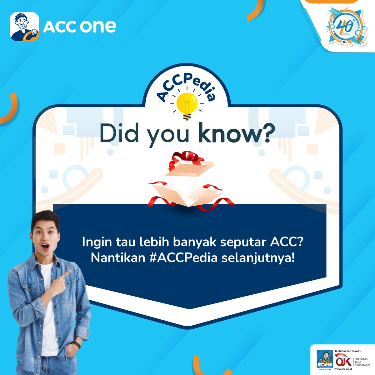 acconeid's tweet photo. Seberapa tahukah kamu tentang ACC?
PT Raharja Sedaya merupakan cikal bakal ACC yang berdiri pada tanggal 15 Juli 1982.
Tap gambar untuk tahu pengetahuan lainnya mengenai ACC.
Nantikan giveaway pada 18 Mei 2022!
#40thACC
#ACCPedia
#ACCWujudkanImpian
#KreditMudahDenganACC https://t.co/IJuIUMGAW5