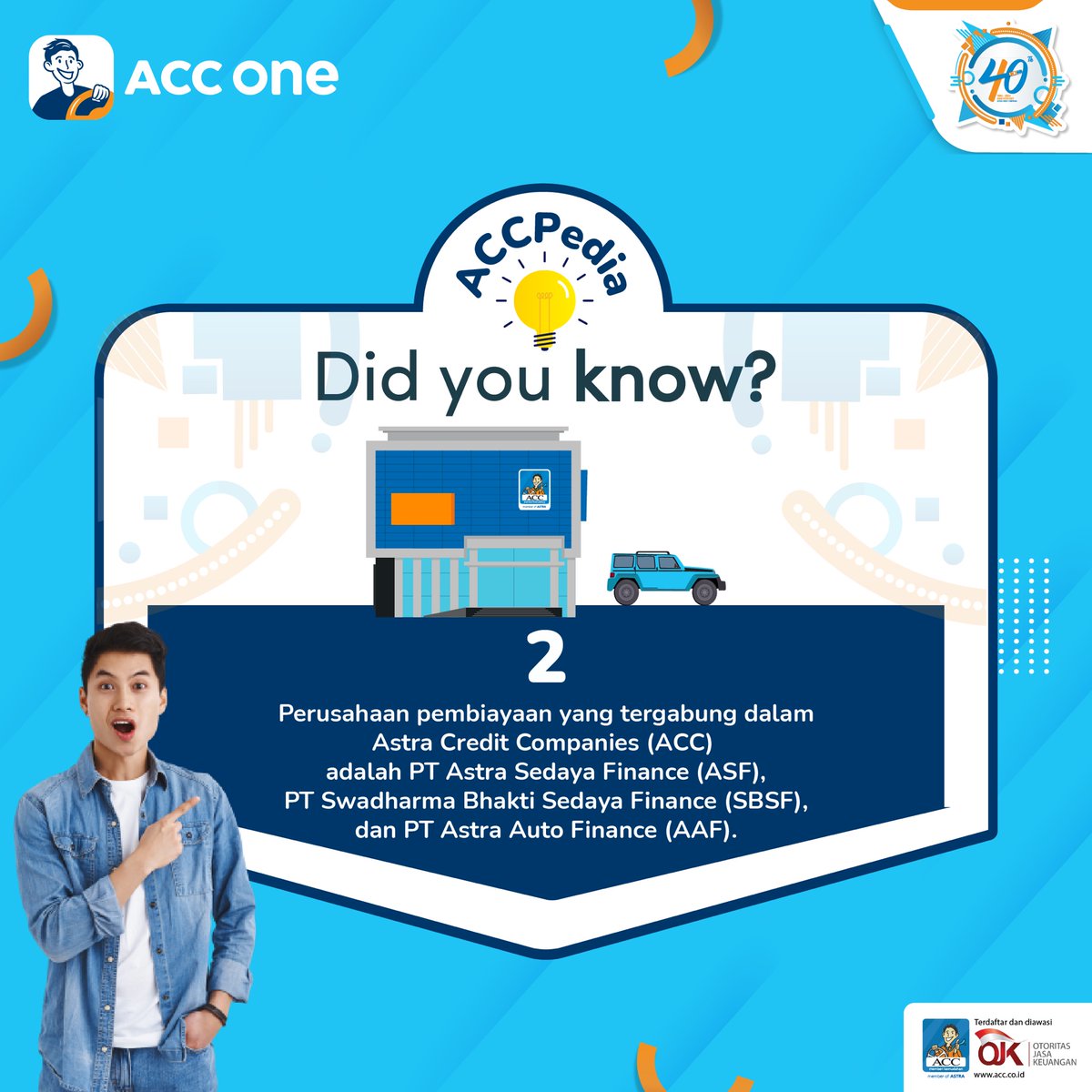 acconeid's tweet photo. Seberapa tahukah kamu tentang ACC?
PT Raharja Sedaya merupakan cikal bakal ACC yang berdiri pada tanggal 15 Juli 1982.
Tap gambar untuk tahu pengetahuan lainnya mengenai ACC.
Nantikan giveaway pada 18 Mei 2022!
#40thACC
#ACCPedia
#ACCWujudkanImpian
#KreditMudahDenganACC https://t.co/IJuIUMGAW5