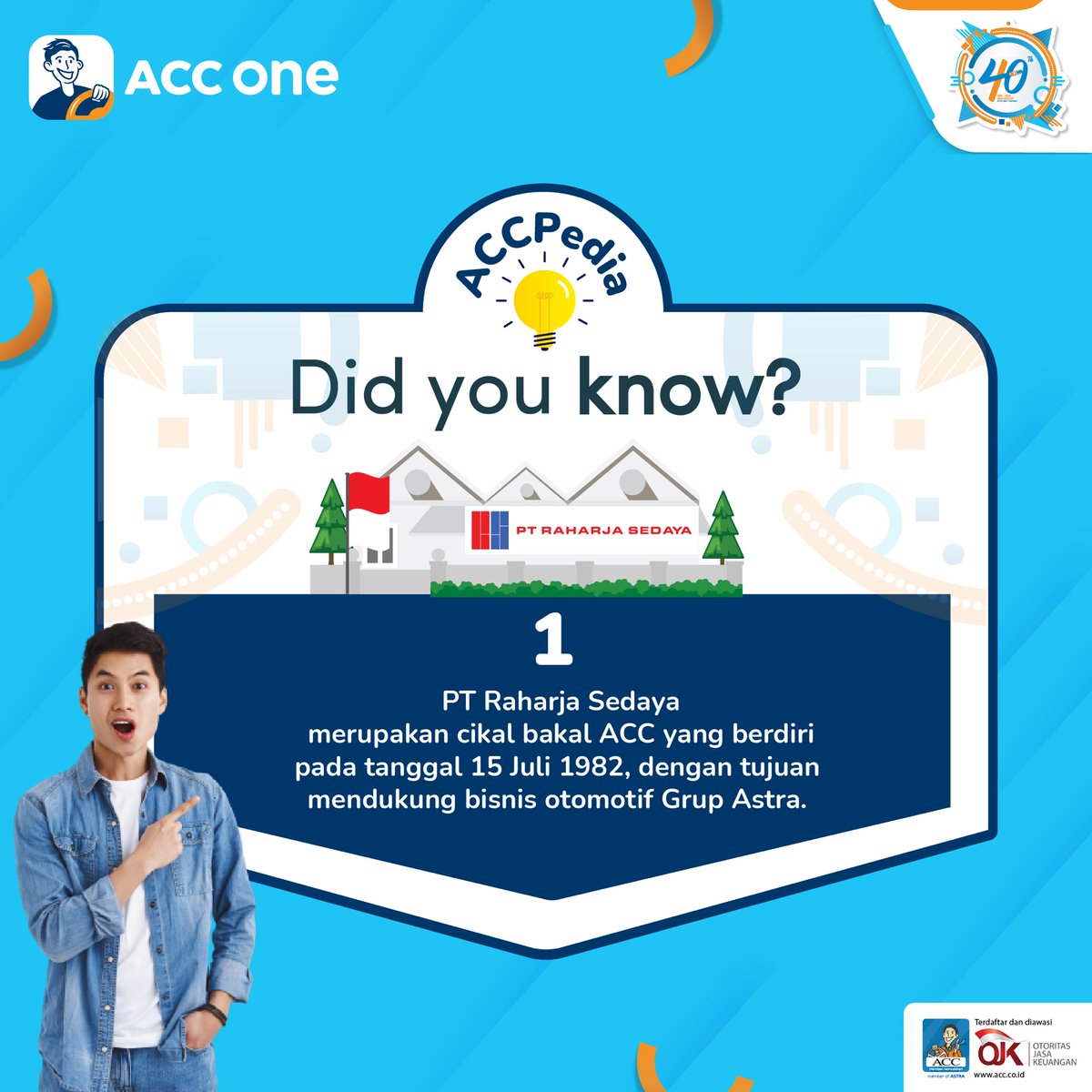 acconeid's tweet photo. Seberapa tahukah kamu tentang ACC?
PT Raharja Sedaya merupakan cikal bakal ACC yang berdiri pada tanggal 15 Juli 1982.
Tap gambar untuk tahu pengetahuan lainnya mengenai ACC.
Nantikan giveaway pada 18 Mei 2022!
#40thACC
#ACCPedia
#ACCWujudkanImpian
#KreditMudahDenganACC https://t.co/IJuIUMGAW5