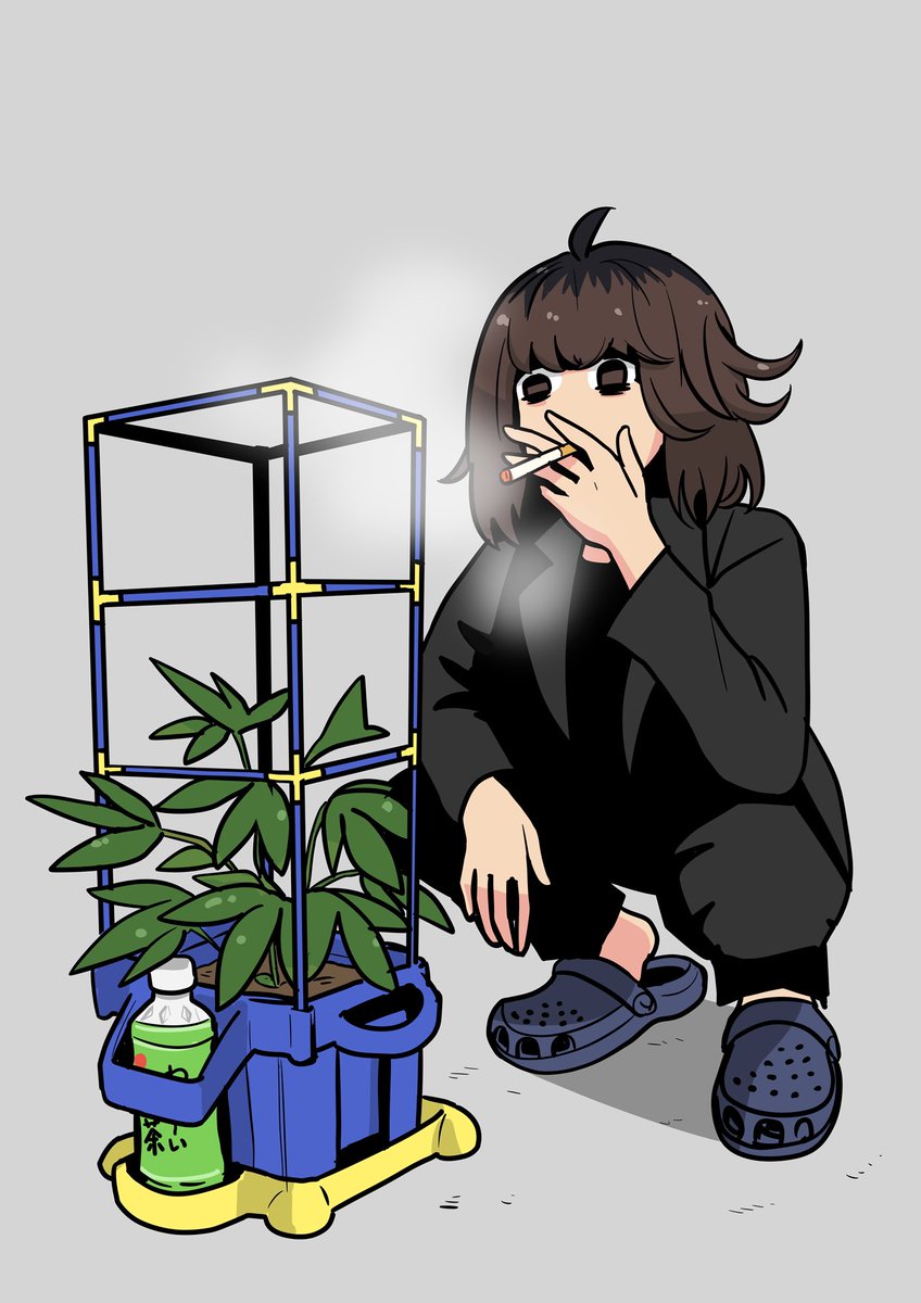 1girl cigarette solo smoking plant brown hair potted plant  illustration images