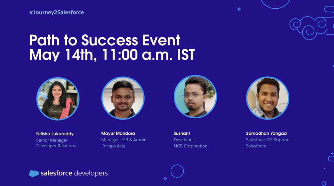 This is a reminder that we have our Path to Success event  🖥️  today at 11:00 am for everyone interested in the #Journey2Salesforce program.

Register here: bit.ly/3y7yuID