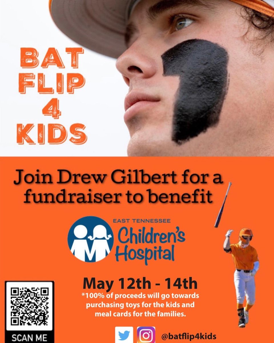 batflip4kids's tweet photo. Help raise money for the kids at East TN Children’s Hospital by spreading the word!🍊 #GBO @gillygoobear @Vol_Baseball Click the link to donate!  https://t.co/LsMMVTvDqE https://t.co/6gEd4CmbOj