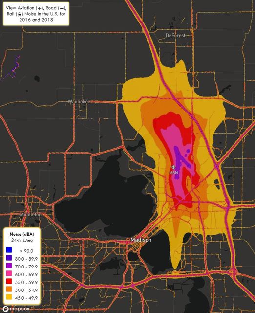 SkiesWater's tweet photo. Transportation noise pollution in Madison -- 2016/2018 data. The Dane County Airport, specifically Truax Field, is in the center of it. Now let's add the F-35 jets. The tool is nationwide if you want to take a peak.
https://t.co/Lqe2WfDMdp https://t.co/xwdUN7y7Lf