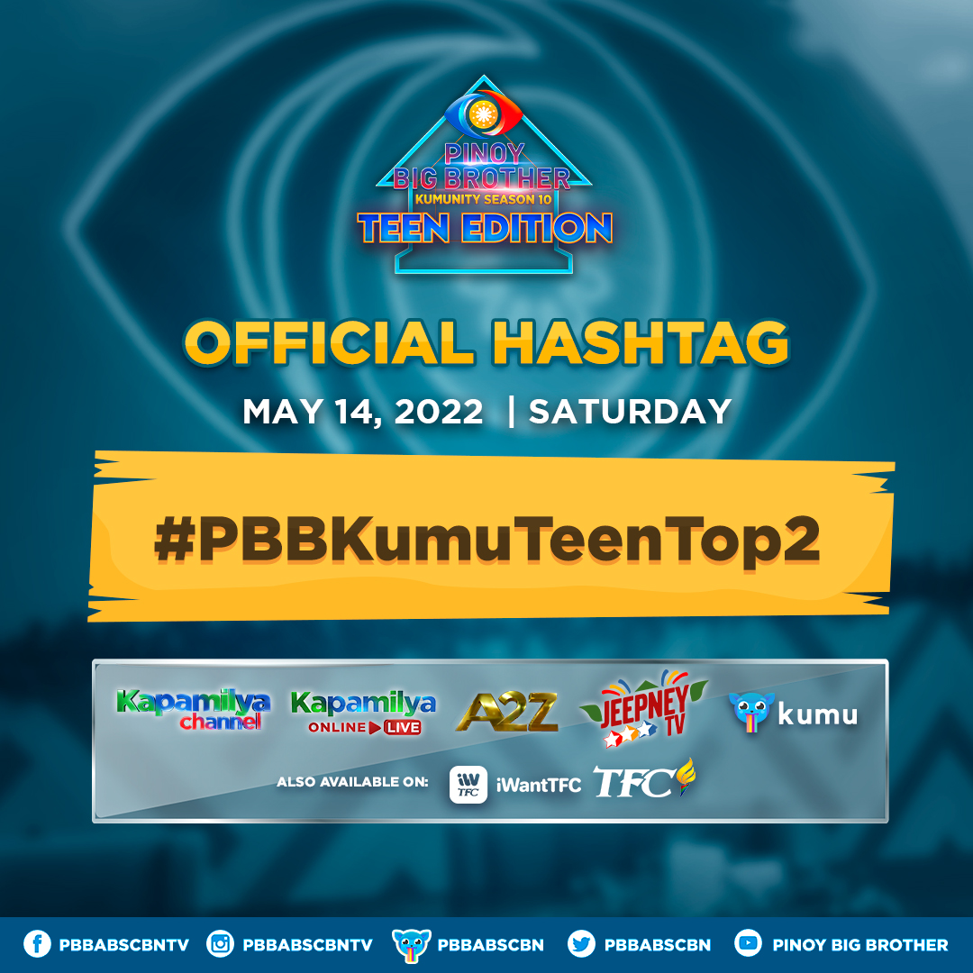 PBBabscbn's tweet photo. Mga Kapamilya, Mga Kumunizens! Sino ang gusto niyong hiranging Teen Kumunity Top 2? We want to hear you! 

Don’t forget to use our OFFICIAL Hashtag: #PBBKumuTeenTop2

Abangan mamayang 7:45PM sa Kapamilya Channel, Kapamilya Online Live, JeepneyTV, iWantTFC, TFC at A2Z! https://t.co/1OzhuFkqkj