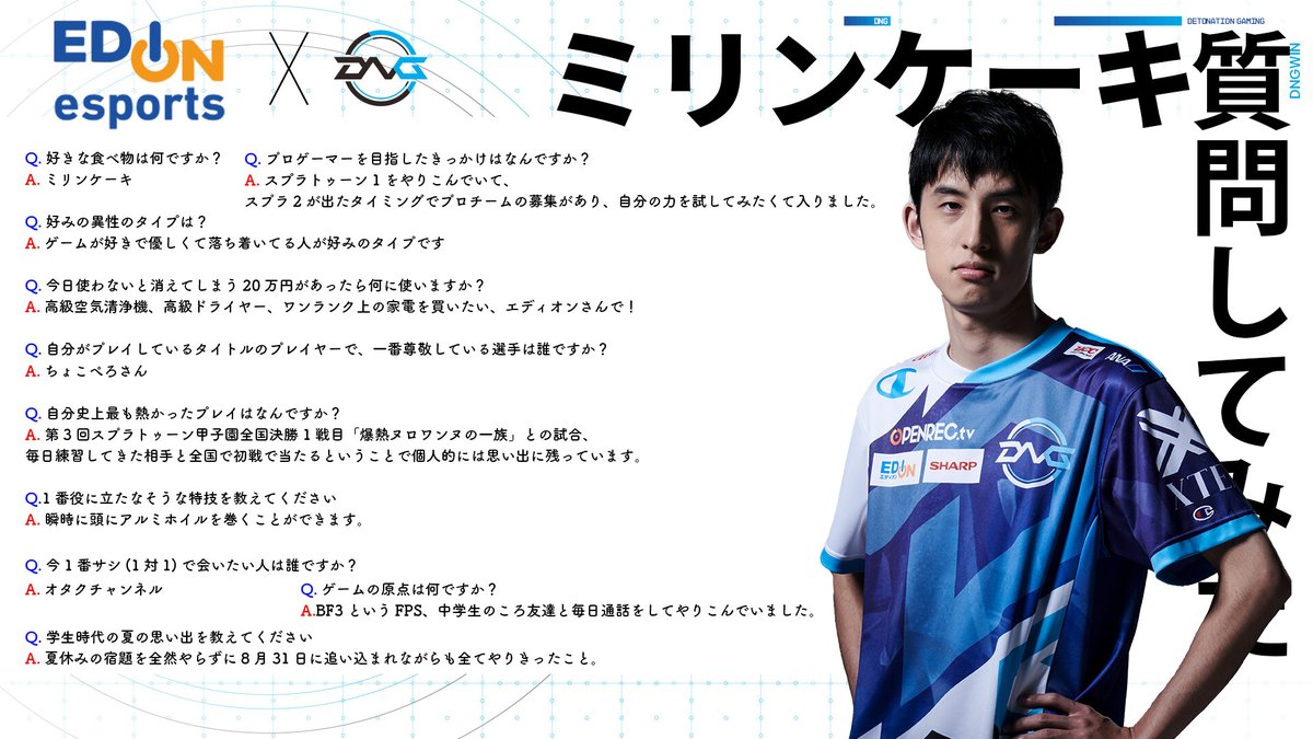 edion_esports's tweet photo. ／
#DNGの皆さんに質問してみた 📢
＼

今回は #Splatoon 部門ミリンケーキさんに聞いてみました!!
@3RNcake_L

甲子園での勇姿には感動しました!!
今夏発売予定 #Splatoon3 での活躍が楽しみです😆

#エディオンeスポーツ https://t.co/j9KkYLMBJD