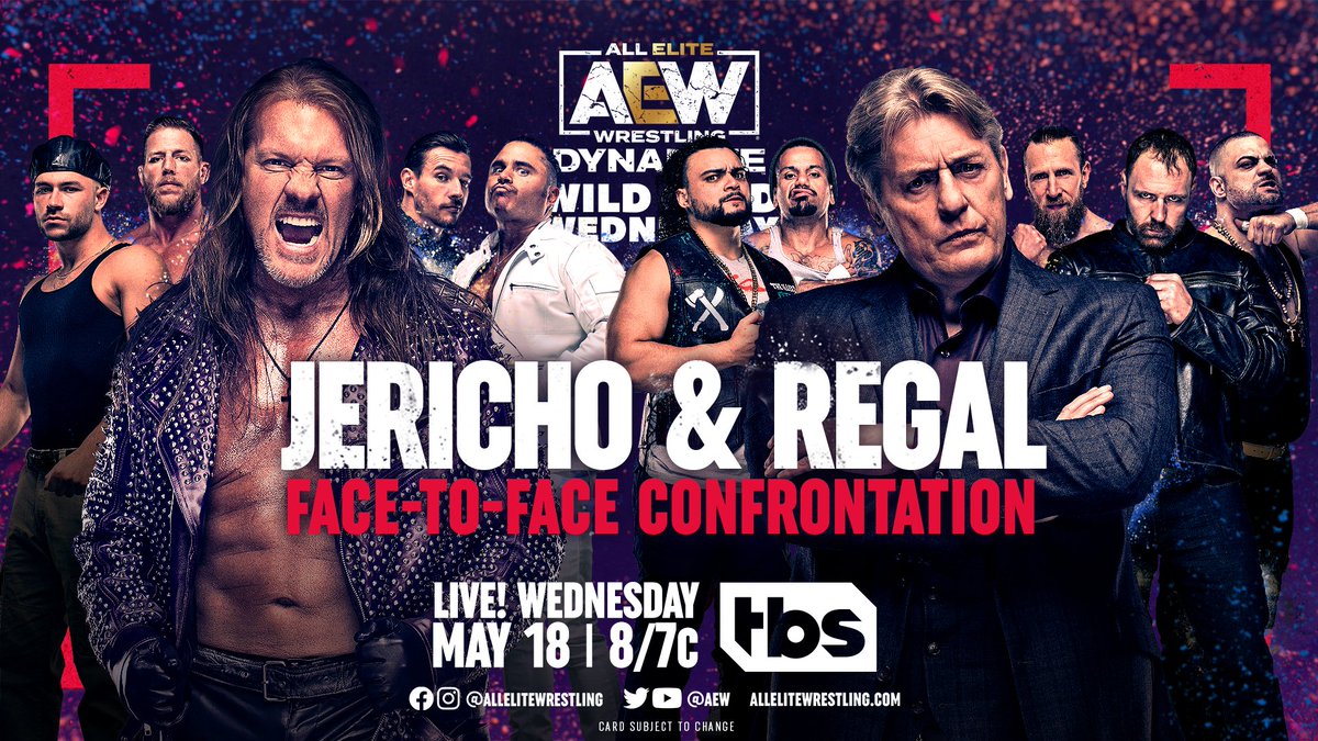 AEW's tweet photo. After the #BlackpoolCombatClub interrupted #JerichoAppreciationSociety’s Victory Speech leading to an all-out brawl last week on #AEWDynamite, @IAmJericho gets a chance to address @RealKingRegal face-to-face this WEDNESDAY on #AEWDynamite #WildCardWednesday LIVE at 8/7c on TBS! https://t.co/BiuJdfMSgj