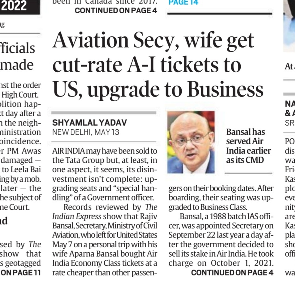 shukla_tarun's tweet photo. Aviation secretary Rajiv Bansal, wife get free business class upgrade on their US economy tickets @airindiain. 

Not just that, the economy tickets were bought at even cheaper rates than what normal passengers do.

@IndianExpress front page piece : https://t.co/FY8MS5tP6W