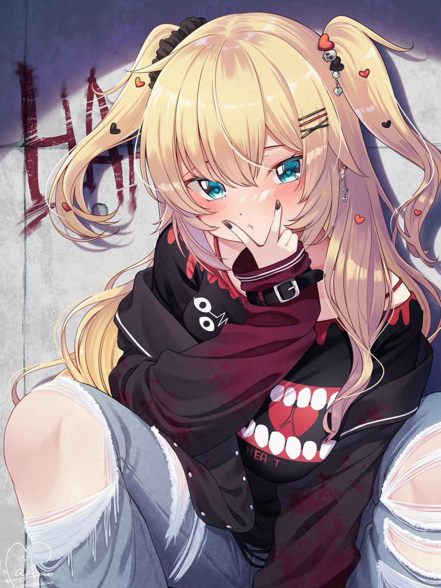 akai haato 1girl heart hair ornament signature torn pants long hair blonde hair two side up  illustration images
