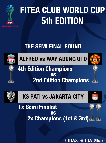𝗙𝗜𝗧𝗘𝗔 𝗖𝗟𝗨𝗕 𝗪𝗢𝗥𝗟𝗗 𝗖𝗨𝗣 5th Edition Semi Final Round

<a href="/alfred_XI_FC/">Alfred XI</a> vs <a href="/wayabungunited/">Way Abung United</a>
<a href="/KsPati_Fc/">彡KS ⓟⓐⓣⓘ FCミ#TopEleven</a> vs <a href="/JakartaCityFC/">Jakarta City FC</a> 
 
𝗙𝗜𝗧𝗘𝗔 "𝗠𝗮𝗸𝗶𝗻𝗴 𝘁𝗵𝗲 𝗙𝘂𝘁𝘂𝗿𝗲"
#FITEACWC