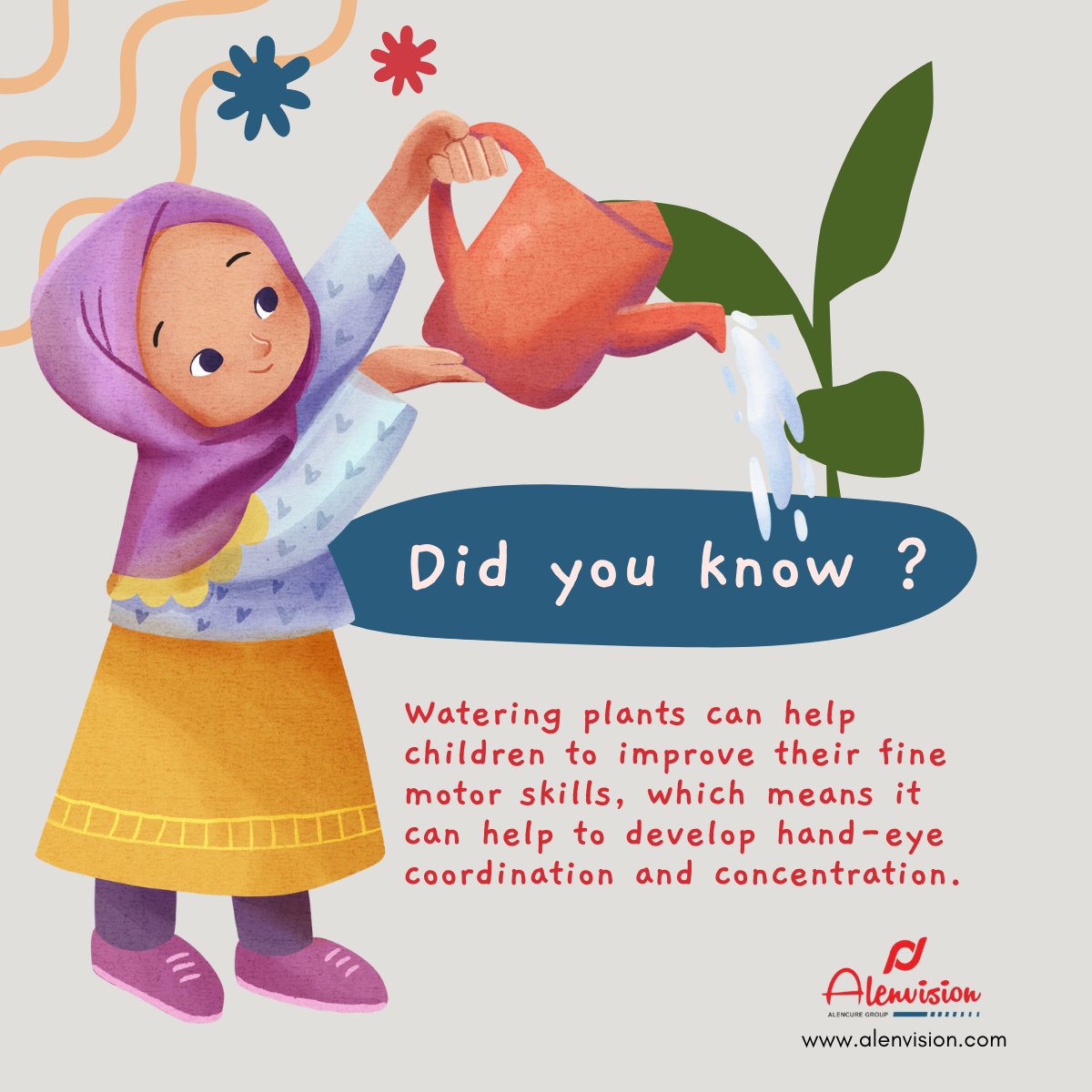 AlenvisionIndia's tweet photo. Did you know ?
Watering plants can help children to improve their fine motor skills, which means it can help to develop hand-eye coordination and concentration. https://t.co/wXZ1hS5EIK