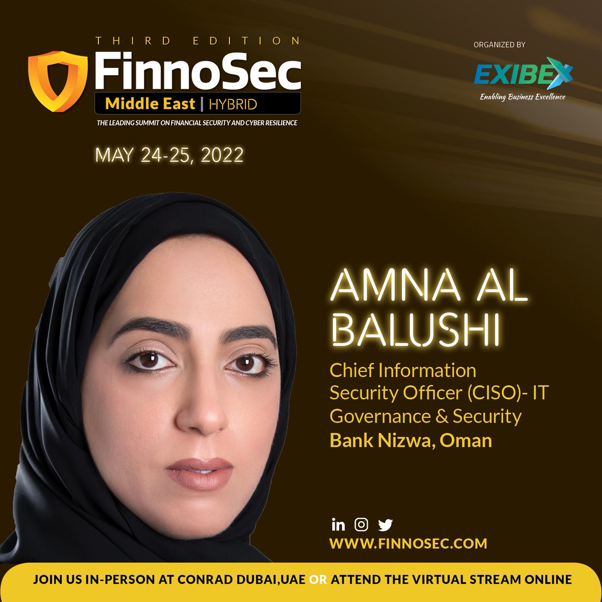finnosec's tweet photo. #MeetOurSpeaker #Finnosec Speaker Announcement!

It is with excitement that we announce Amna AL-Balushi || Chief Information Security Officer (CISO)- IT Governance and Security at Bank Nizwa, Oman as a speaker at this year’s Hybrid edition of the FinnoSec #MiddleEast 2022 Summit https://t.co/O54wBgencI