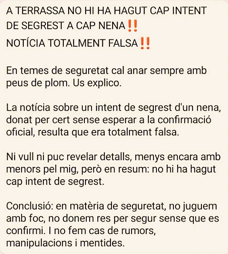 jordi_ballart's tweet photo. ATENCIÓ‼️
No sempre les informacions que circulen per les xarxes són certes. Abans de donar crèdit és important contrastar. Ajudeu-nos a compartir el desmentiment d'aquesta informació totalment falsa 👇 https://t.co/TqvEJLmVkp