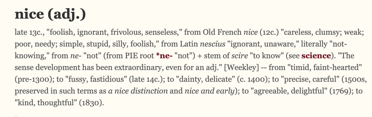 DrIndyEinstein's tweet photo. the etymology of nice is stupid, ignorant, + senseless. is this what you are? https://t.co/CW0qUsheD5