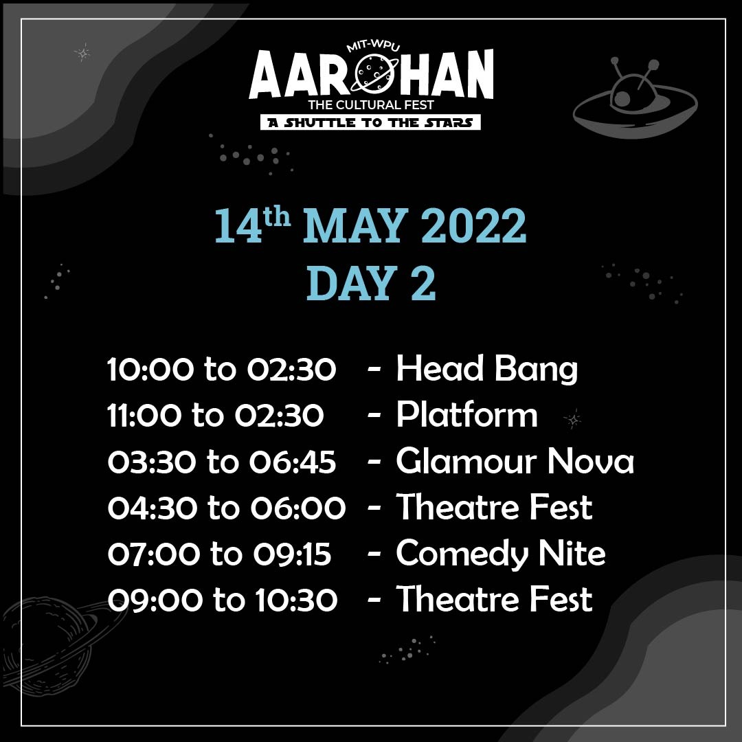 mitaarohanfest's tweet photo. Here's the schedule for your Day 2 at Aarohan 2022!
Have a look and plan your Second day of the best three days of the year!
#schedule #music #humming #fashionshow #glamour #bandwars #insyc #groupdance #theatrefest #tangent #sahal #art #competitions #event #aarohan2022 #pune https://t.co/rD02VWRuuK