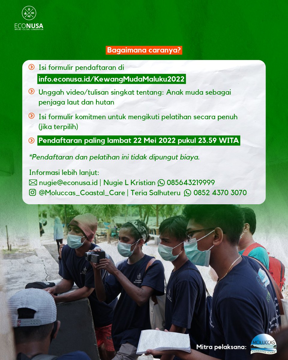 mcc_maluku's tweet photo. KEWANG MUDA MALUKU DATANG LAGI ! kamu akan diajak untuk mendalami isu-isu lingkungan seperti ekologi, perubahan iklim, pembangunan berkelanjutan, dan masih banyak lagi.Acara ini tidak dipungut biaya alias gratis!  #EcoNusa
#moluccascoastalcare https://t.co/JtJQXule3g
