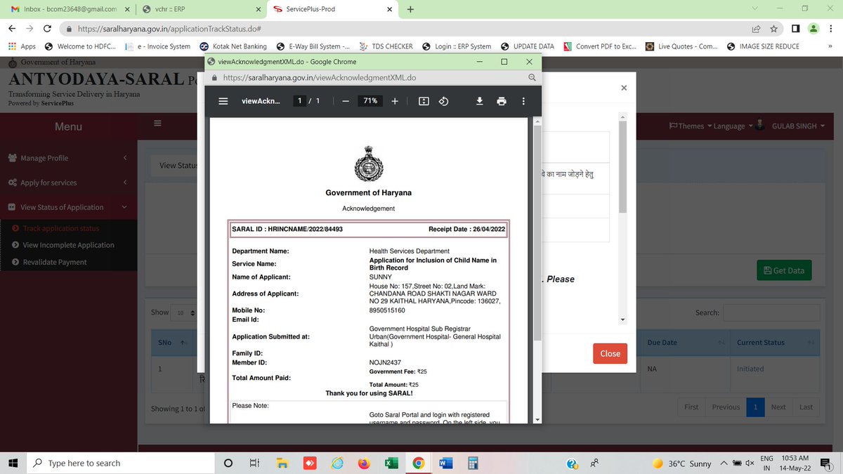 sp_saab1's tweet photo. @cmohry my application for adding new name in birth record is not approved till date application number is HRINCNAME/2022/84493 https://t.co/oJ99Pf8aHa