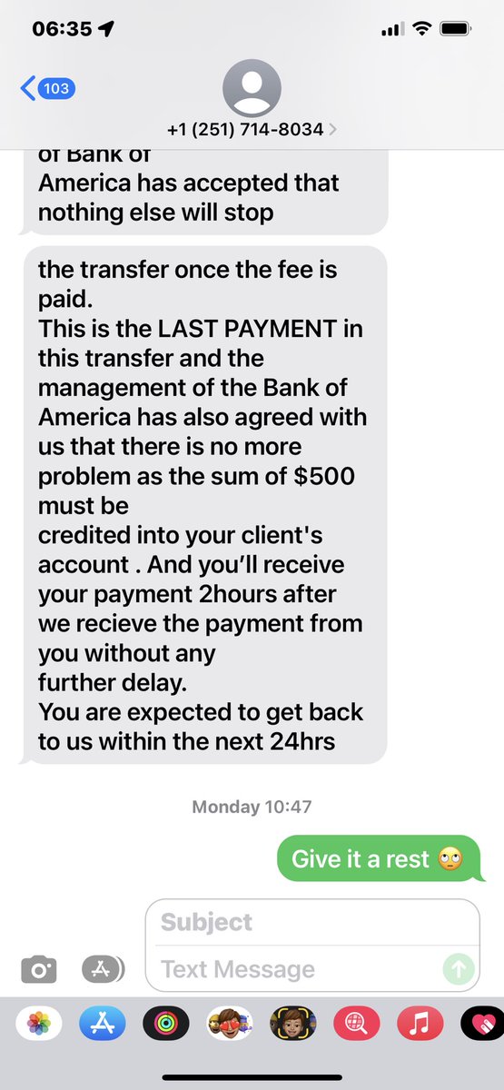 jojo0891's tweet photo. @MiracleMaduabu2 Then he sends messages like this pretending to be the FBI !! 
#fraud the number is at the top of the screenshot. Try calling it. It’s BS https://t.co/IylyxX92aM