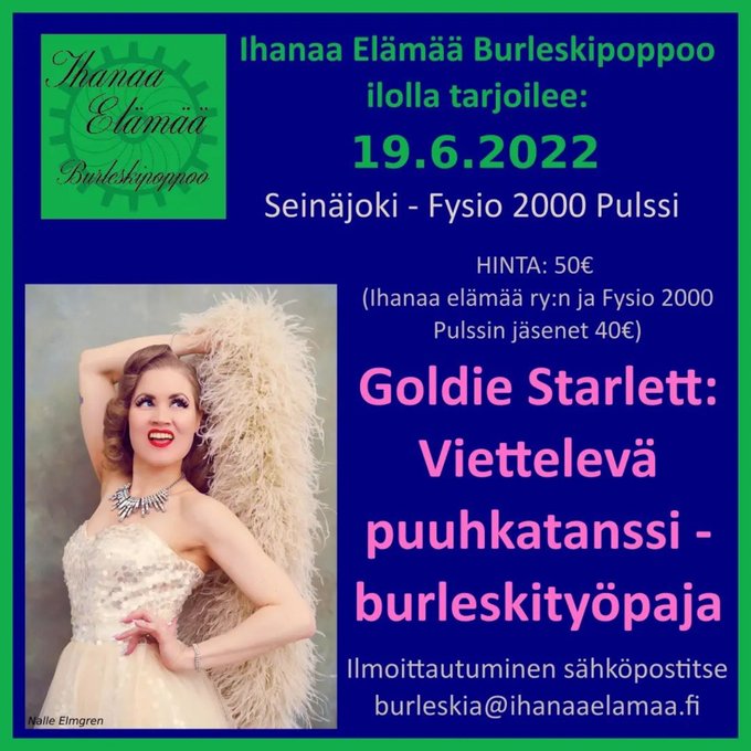 Viettelev&auml; puuhkatanssi -burleskity&ouml;paja 💋Su 19.6.2022, klo 13-15:30 💋V&auml;lkkil&auml;nkatu 7, Fysio 2000 pulssi<a href="/tag/burleski"class="tags"><span>#burleski</span></a>