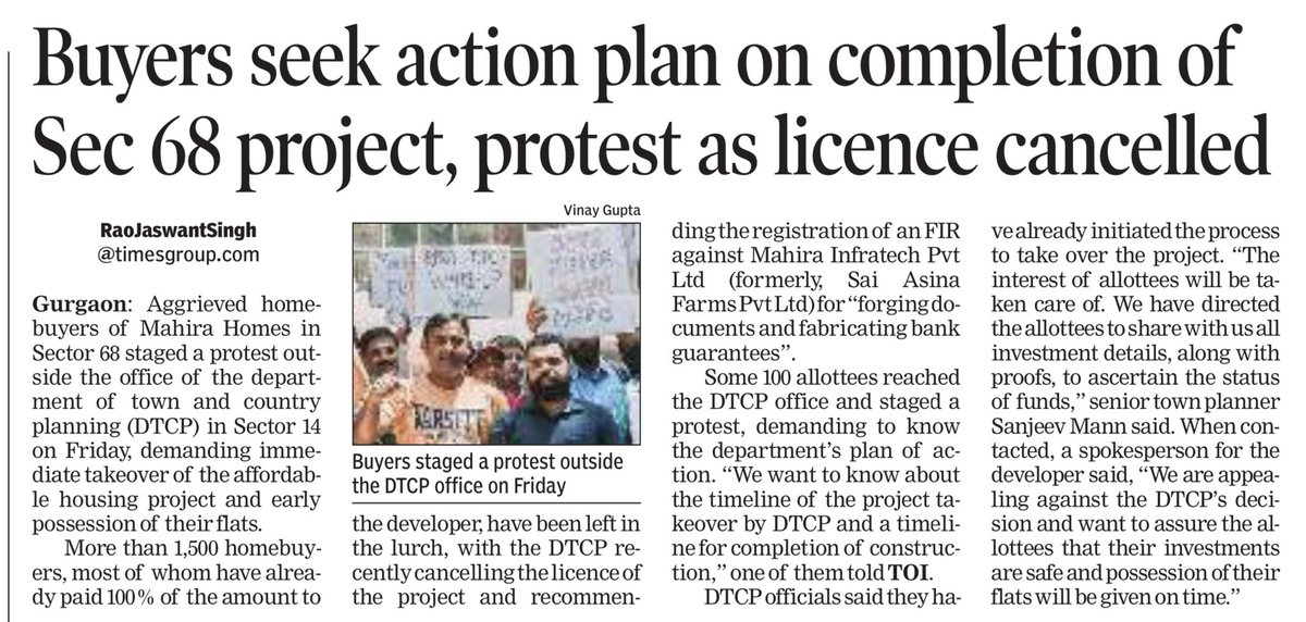 RaoJSinghTOI's tweet photo. Aggrieved #homebuyers of #MahiraHomes in #Sector68 staged a protest outside the office of DTCP on Friday, demanding immediate #takeover of the #affordable housing project and early possession of their flats. @cmohry @dtcphry @kMakrandIAS @Mahira68_Buyers https://t.co/9MMRXXao7D