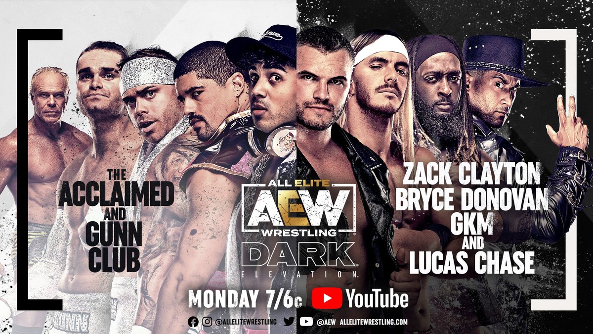 AEW's tweet photo. Watch #AEWDarkElevation TOMORROW at 7/6c!
▶️ https://t.co/lBSV4sbfpB!
-#ROH Women’s Championship @RealMMartinez (c) v @TrishAdora202
-#TheAcclaimed/#GunnClub v @zackclayton/@BryceDShook/@llcoolgkm/@TheLucasChase
-@YukaSakazaki/@annajay___ v @NylaRoseBeast/@EmiSakura_gtmv https://t.co/FmEND8OmDN