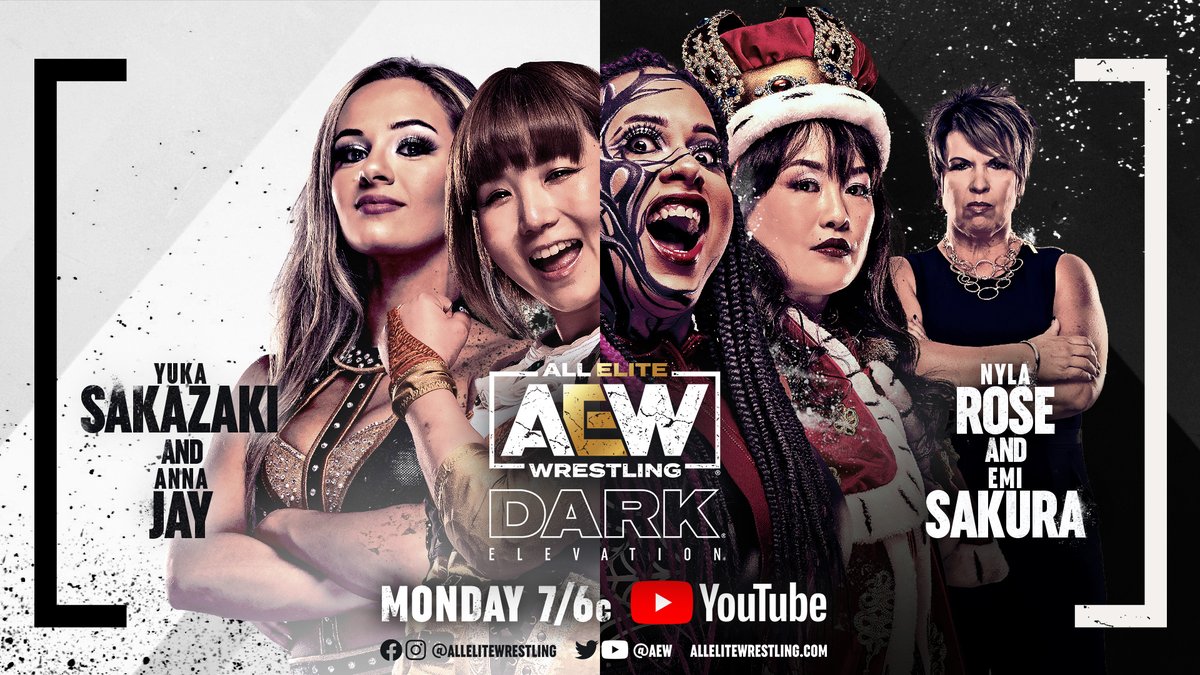AEW's tweet photo. Watch #AEWDarkElevation TOMORROW at 7/6c!
▶️ https://t.co/lBSV4sbfpB!
-#ROH Women’s Championship @RealMMartinez (c) v @TrishAdora202
-#TheAcclaimed/#GunnClub v @zackclayton/@BryceDShook/@llcoolgkm/@TheLucasChase
-@YukaSakazaki/@annajay___ v @NylaRoseBeast/@EmiSakura_gtmv https://t.co/FmEND8OmDN