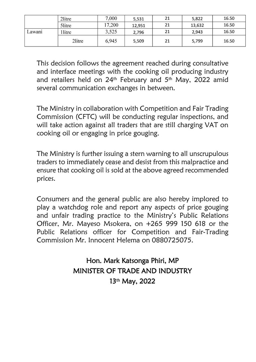 MalawiGovt's tweet photo. PUBLIC NOTICE

REDUCTION OF COOKING OIL PRICES https://t.co/0JTZFKTsdj