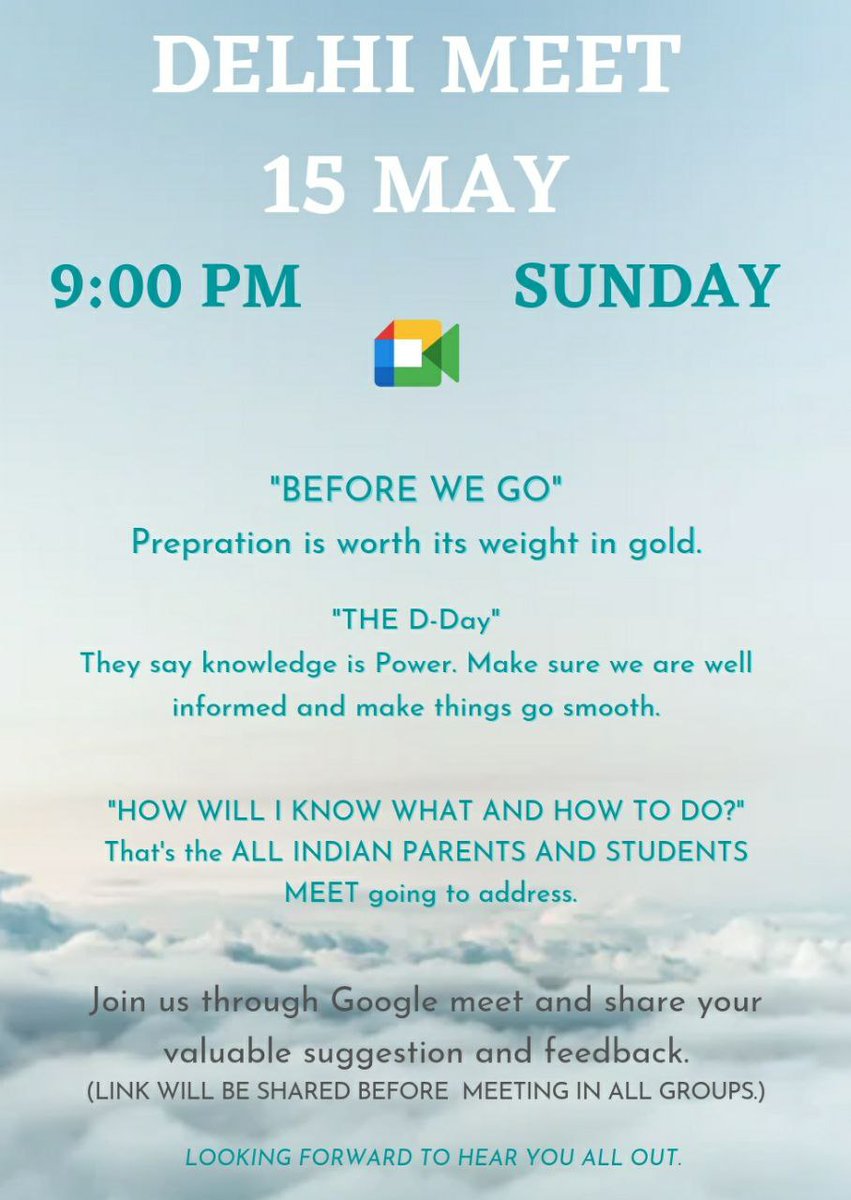 IndianChina's tweet photo. 9 PM SUNDAY 
Make yourself available to join the all Indian students and parents' meeting
-Importance of Gathering
-Demands &amp; all related discussions 
 
Google Meet Link will be forwarded to all the groups before the meeting. 

#ChinaFmgsWantExactDate 
#takeUsBackToChina https://t.co/sMT204zRHr