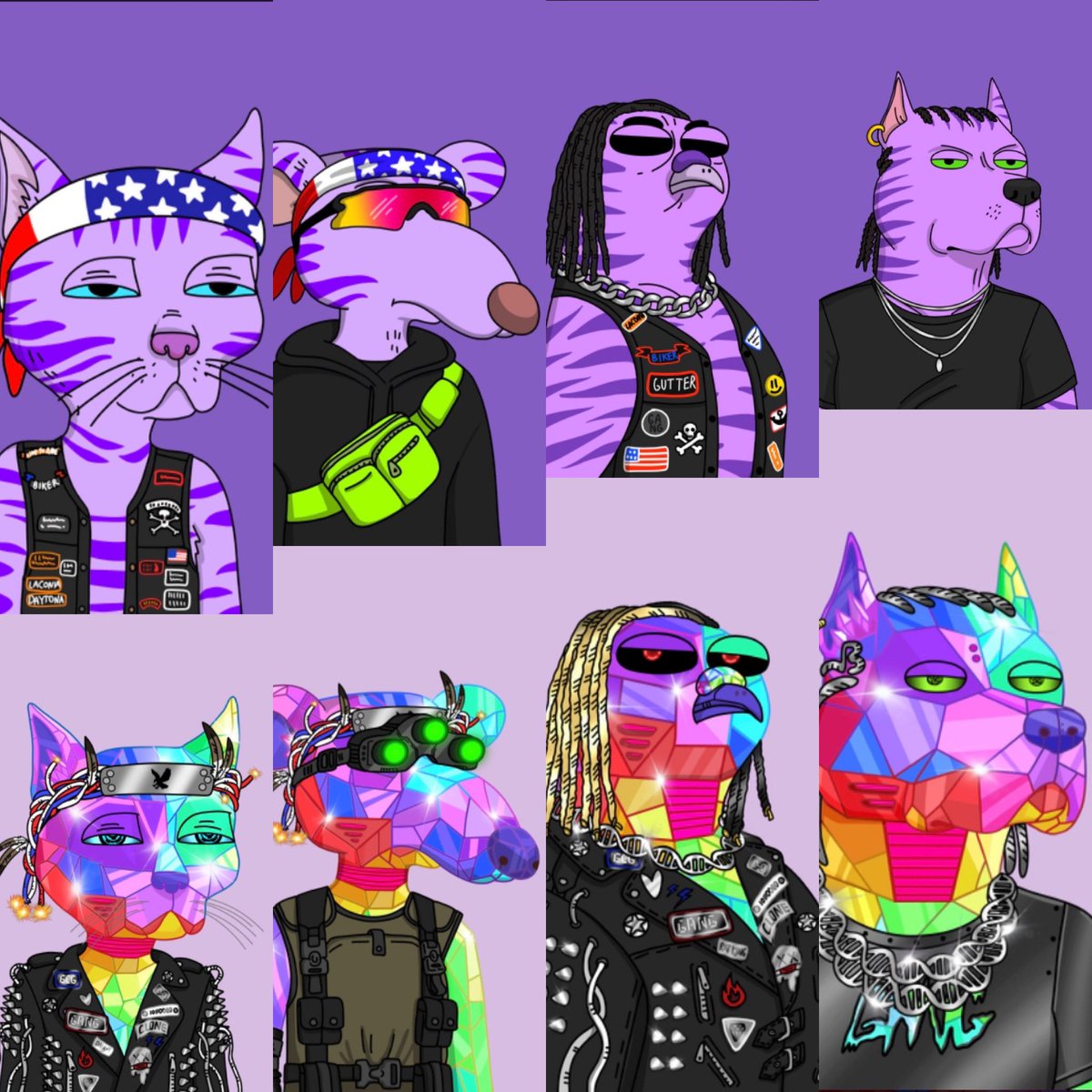 Completed my full purple Cheshire on purple background gutter gang set plus clones. Insane work done by the team. <a href="/GutterCatGang/">Gutter Cat Gang</a> #GangGang #GutterClones #cheshiregang