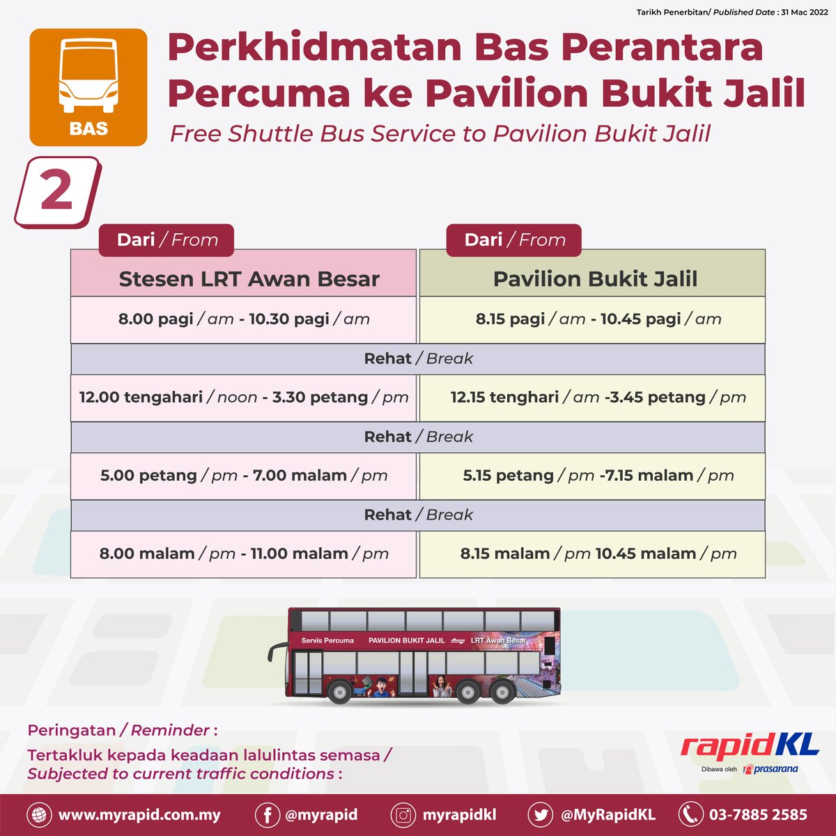 askrapidkl's tweet photo. Perkhidmatan Bas Perantara Percuma ke Pavilion Bukit Jalil. 🚌 🛍️

Sila rujuk poster untuk maklumat lanjut.

#rapidkl #rapidbus https://t.co/1RbEn3fzL3