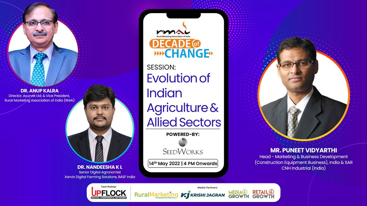 rmai_tweet's tweet photo. #DecadeofChange: Don't forget to join us today @ 4PM focused on Evolution of #IndianAgriculture & #AlliedSectors over the decade.
#Speakers:@puneetvidyarthi, @CNHIndustrial; @kalra_anup, @ayurvet; & Dr. Nandeesha K L, @xarviodf, @BASF
#ClickToJoin:https://t.co/AM2UXQGClx https://t.co/wnyQAuL6NP