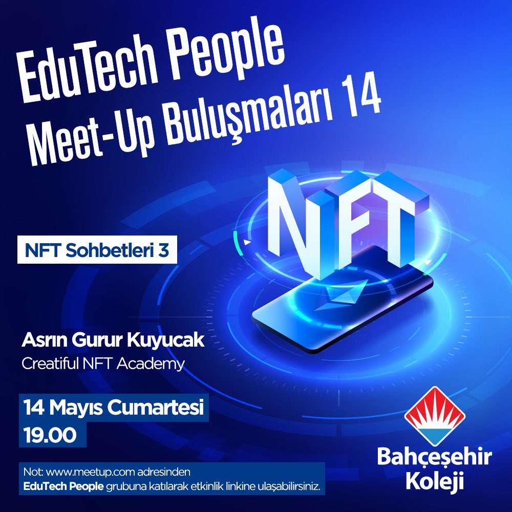 bk_bodrum's tweet photo. 📢 Bahçeşehir Kolejinin katkılarıyla EduTech People Meet-Up buluşmalarının 14. ‘sü Creatiful NFT Academy’den Asrın Gurur Kuyucak’ın katılımıyla gerçekleşecek.
📆 14 Mayıs Cumartesi
⏰19.00
#EduTechPeople https://t.co/knSNK5fnQl