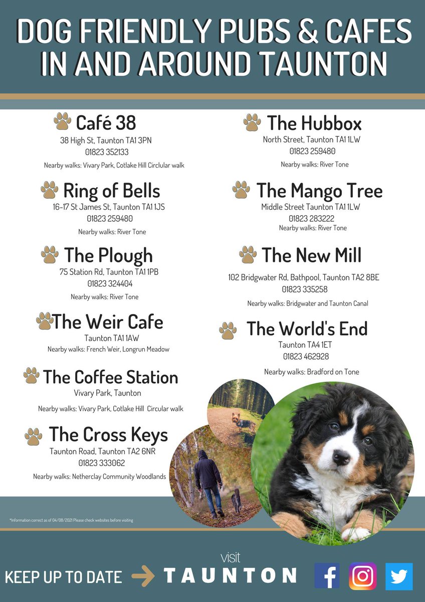 Looking for places in Taunton to visit with your dog?

We have put together a list of dog friendly places to visit in and around Taunton

🐶🐶🐶

visitsomerset.co.uk/.../Doggy-day-…...

Are you a dog friendly facility and would like to be featured? Message us for more info 😀