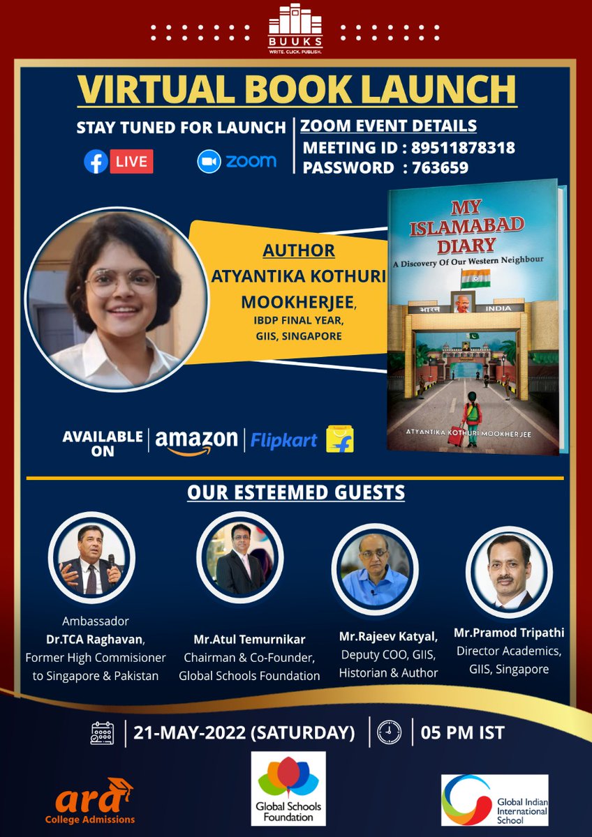 BuuksPublishing's tweet photo. Join our Book Launch on Zoom, Topic: Book Launch - My Islamabad Diary.

Time: May 21, 2022 05:00 PM India. Join Zoom Meeting: https://t.co/h9AILMMsjO
Meeting ID: 895 1187 8318 | Passcode: 763659

@tca_raghavan @anitajoshua @WajSKhan @AtyantikaM @Global_Schools @atultemurnikar https://t.co/l1YBihuM35
