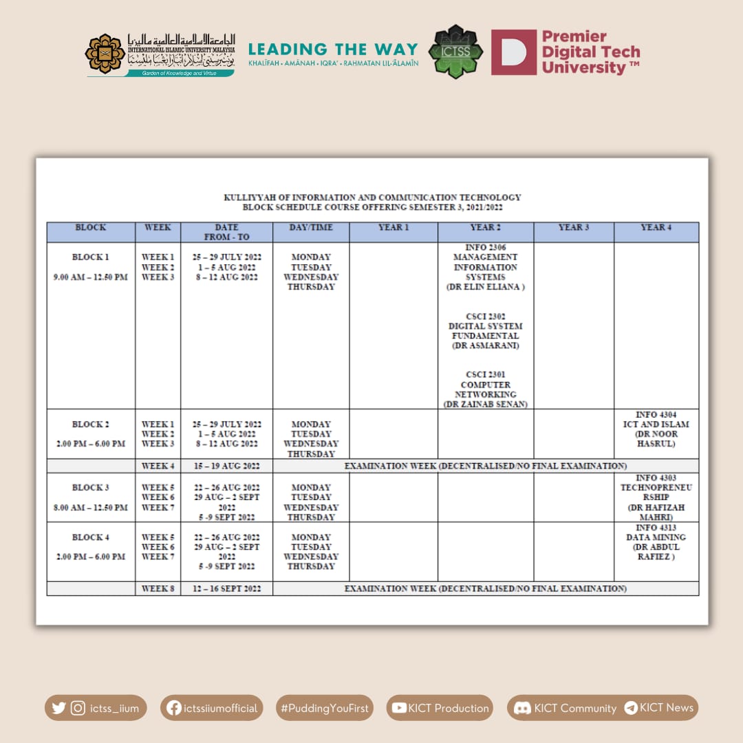 ictss_iium's tweet photo. [ KICT BLOCK SCHEDULE COURSE OFFERING SEMESTER 3, 2021/2022 ]

Assalamualaikum and Hello guys! ✨

Please be informed that for Semester 3, 2021/2022 session, KICT will schedule the course offering via block system. https://t.co/upL6moxBU4
