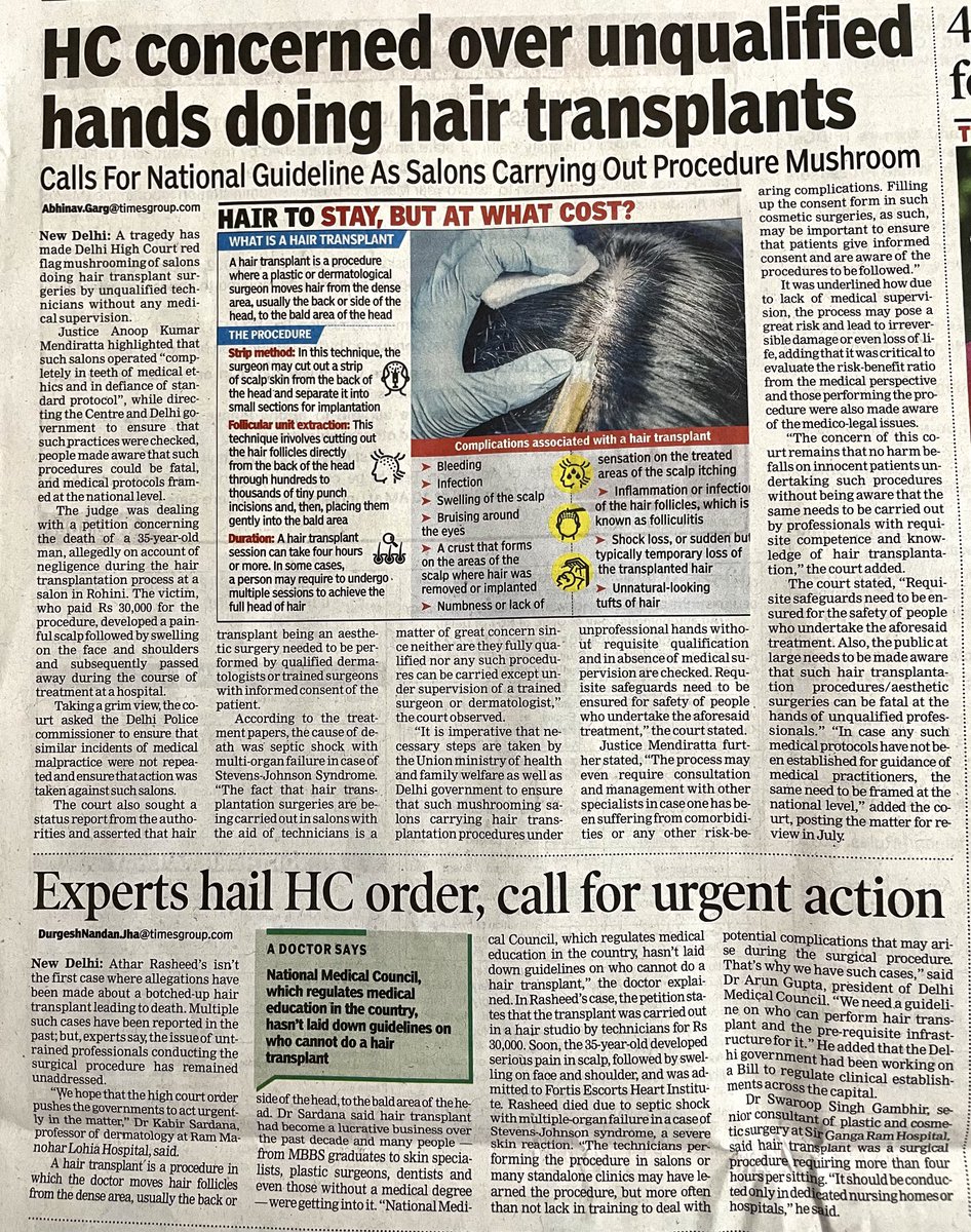 durgeshNJ's tweet photo. Delhi HC calls for national guidelines as salons carrying out procedure mushroom. Action prompted by a petition alleging death of a 35-year-old post transplant. ⁦@abhinavgargTOI⁩ &amp; I report on the court order and the changes needed to regulate the million dollar industry https://t.co/BxzZBF125S