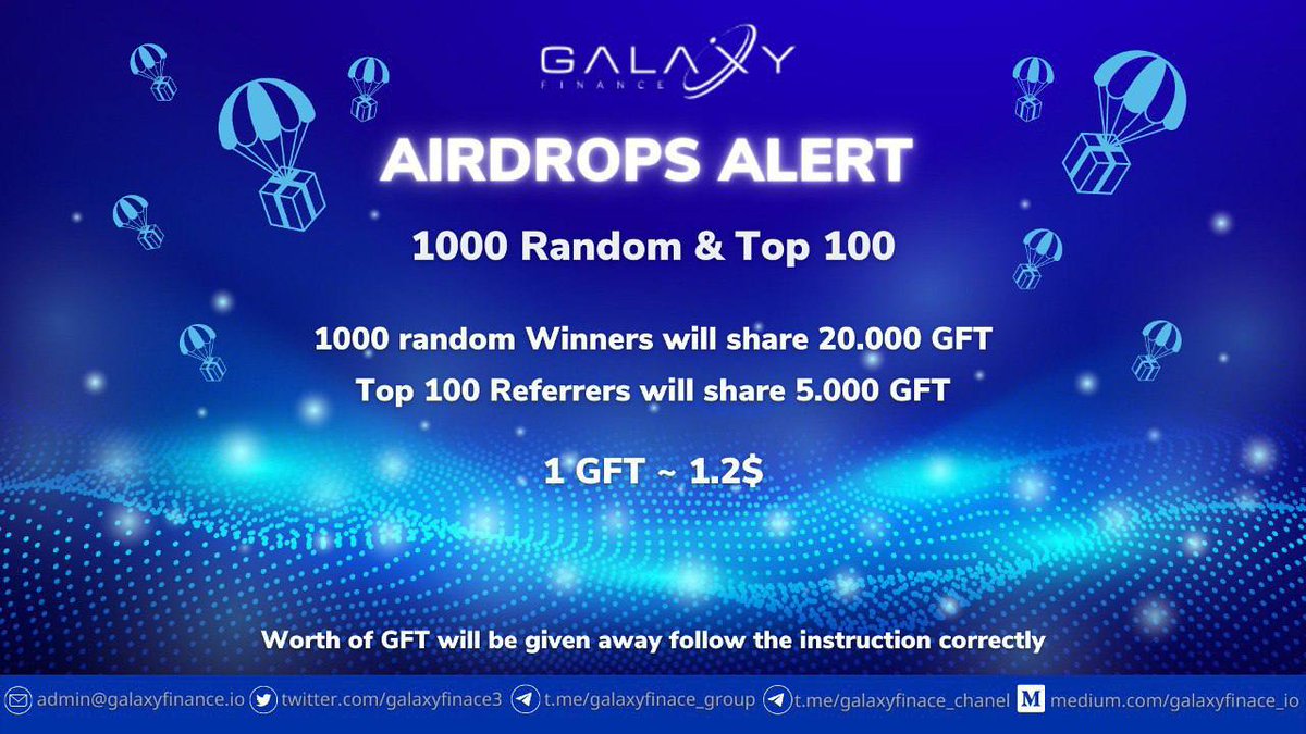 🚀 Airdrop: Galaxy Finance
💰 Value: 20 $GFT
👥 Referral: 5 $GFT
📋 Contract: BSCscan
📅 End Date: 30th May, 2022
🏦 Distribution Date: 15th June, 2022

Talk with the Telegram Bot
t.me/GalaxyFinance_…

#Airdrop #Crypto #Airdrops #giveaway