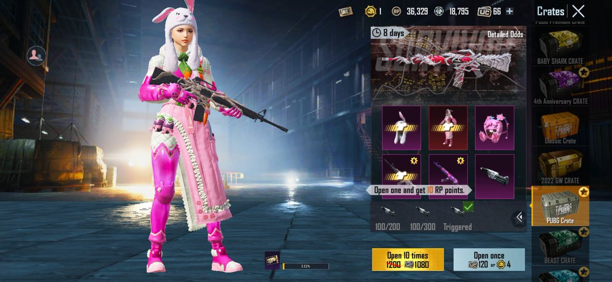 YanSunzZ's tweet photo. My first time hundred crate opening. Got UAZ skin, this rabbit headpiece and 2 materials (1 in the crate &amp; another guaranteed reward)

Saving the crates from 2 season back haha https://t.co/ZtVTti4DoW
