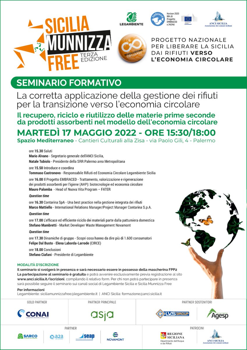 Embraced project (@embracedproeu) on Twitter photo Don't miss this seminar on the #Embraced project and the circular economy organized by <a href="/LegambienteSici/">Legambiente Sicilia</a>.
⏰ When? Thursday the 17th of May Don't miss this seminar on the #Embraced project and the circular economy organized by <a href="/LegambienteSici/">Legambiente Sicilia</a>.
⏰ When? Thursday the 17th of May