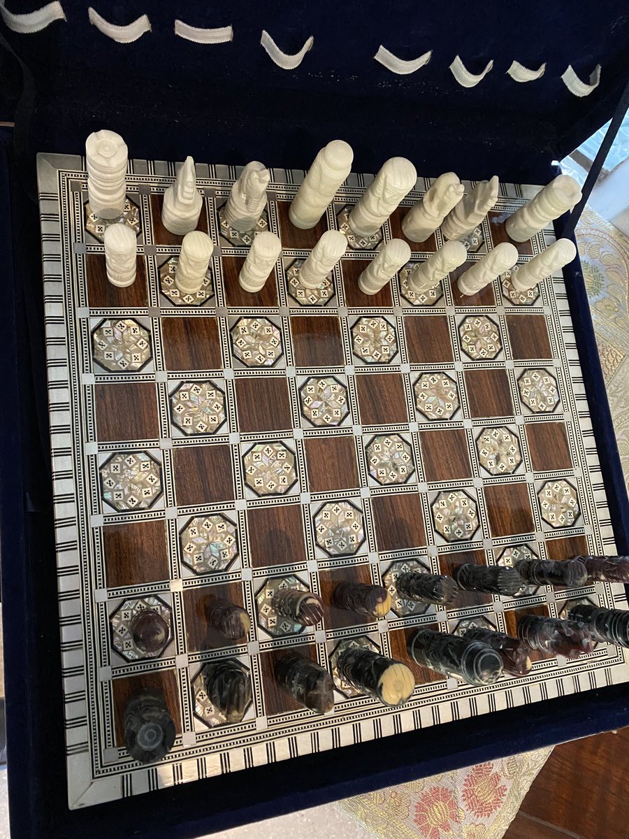 AntiquesbyNick's tweet photo. Anyone for Chess? Vintage Egyptian hand made Mother of Pearl and Bone Chess Set. In original Case #antiques #vintage https://t.co/AymHBgalE2