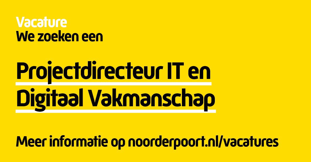 Projectdirecteur gezocht! 

We gaan al onze activiteiten op het gebied van IT en Digitaal Vakmanschap bundelen. Daarvoor zoeken we een energieke en inspirerende directeur. 

Ben of ken je iemand die dit op het lijf geschreven is? 

Reageren t/m 5 juni via bit.ly/3Lcbefy