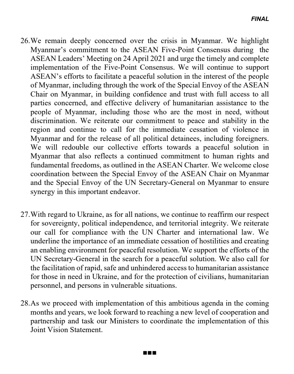 MayWongST's tweet photo. .@ASEAN-#US summit concludes with joint statement that #Myanmar crisis remains a concern. Leaders to "redouble our collective efforts towards a peaceful solution in 
Myanmar that also reflects a continued commitment to human rights &amp; fundamental freedoms" https://t.co/sJcqZREkMj https://t.co/7gRhmcug1s