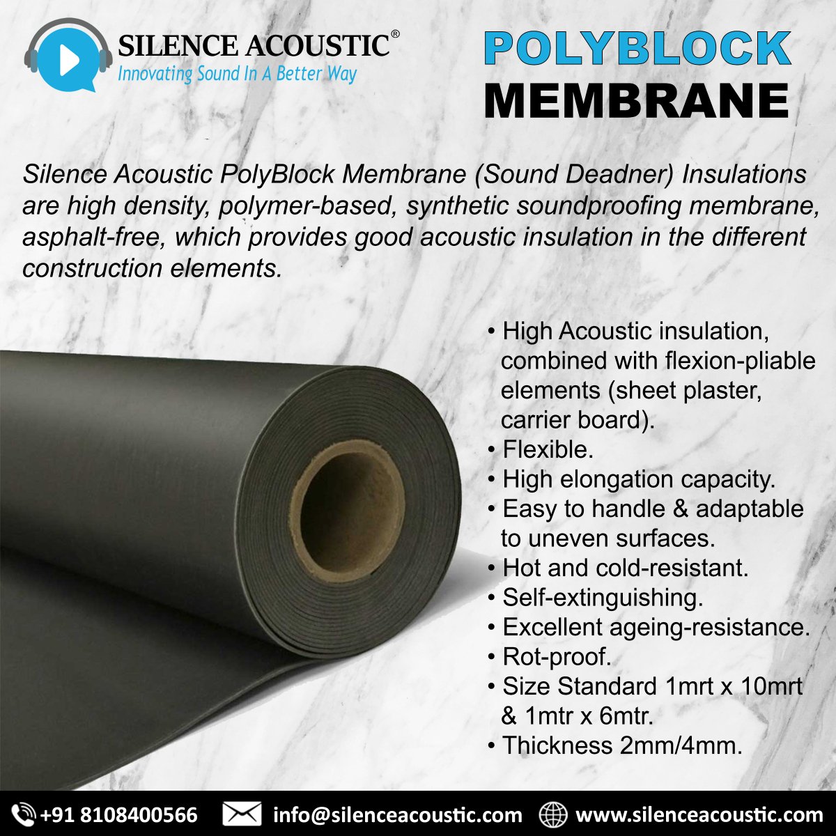 Kindly call or mail us for more information
Call us: +91 8108400566
Email: info@silenceacoustic.com
Website: silenceacoustic.com/product/polybl…

#soundproofing #soundproof #acoustics #caraudio #acousticpanels #interiordesign #sounddeadening #audiomobil #sounddamping #acousticdesign