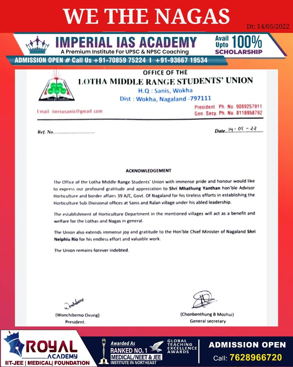 WeTheNagas's tweet photo. Lotha Middle Range Students' Union (LMRSU) express gratitude to Advisor Shri Mhathung Yanthan for establishing Horticulture sub divisional offices at Sanis & Ralan village.
#Nagaland #WeTheNagas #Dimapur @Neiphiu_Rio @MhathungYantha2 @MmhonlumoKikon #Kohima #Ralan #Sanis #Wokha https://t.co/dTtqm6RfCX