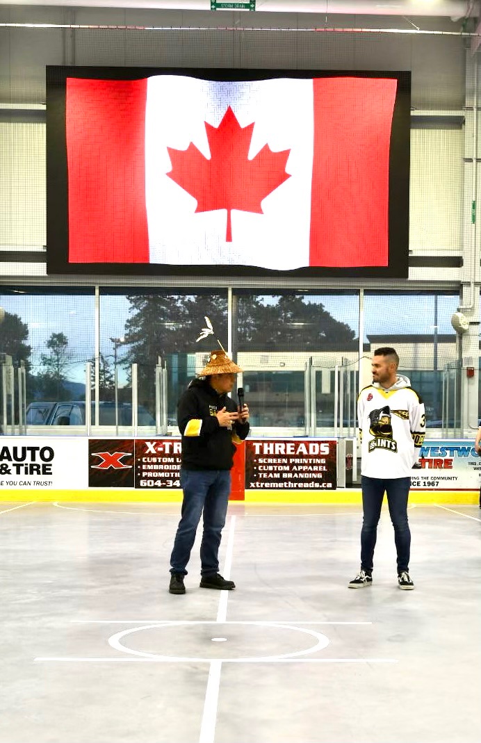 SaintsJrA's tweet photo. Great opening night at the @P3C to welcome back Jr A lacrosse in Port Coquitlam. We were fortunate to have Chief Hall from @Kwikwetlem First Nations and Mayor @BradWestPoCo for the pregame ceremonies.
#creatorsgame #laxisback #pocoproud 🖤💛🥍 https://t.co/eHLJpRMqkZ
