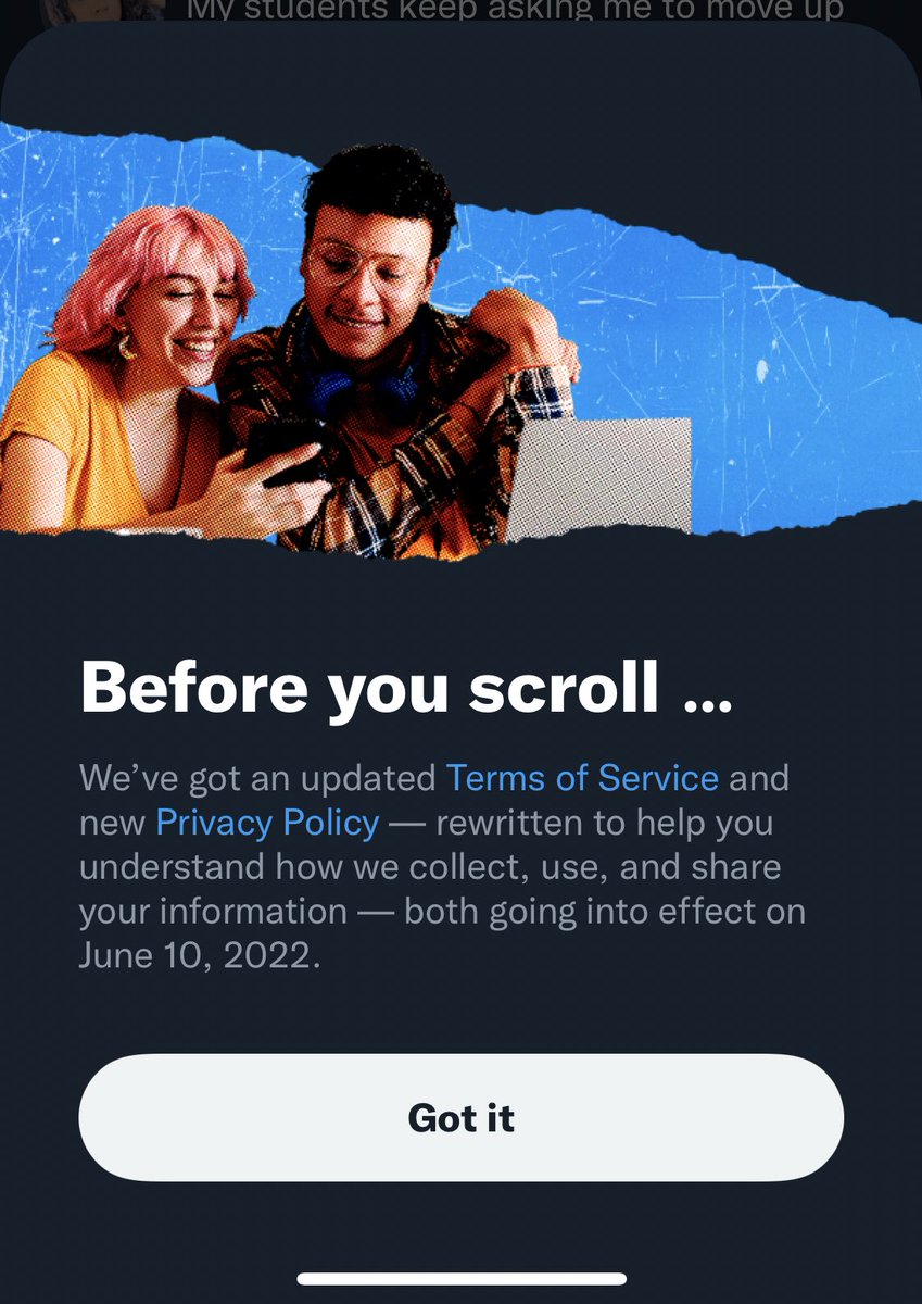Busteed's tweet photo. Twitter’s privacy policy message reminds me of wework’s S-1. https://t.co/j7Vcg1yBmL