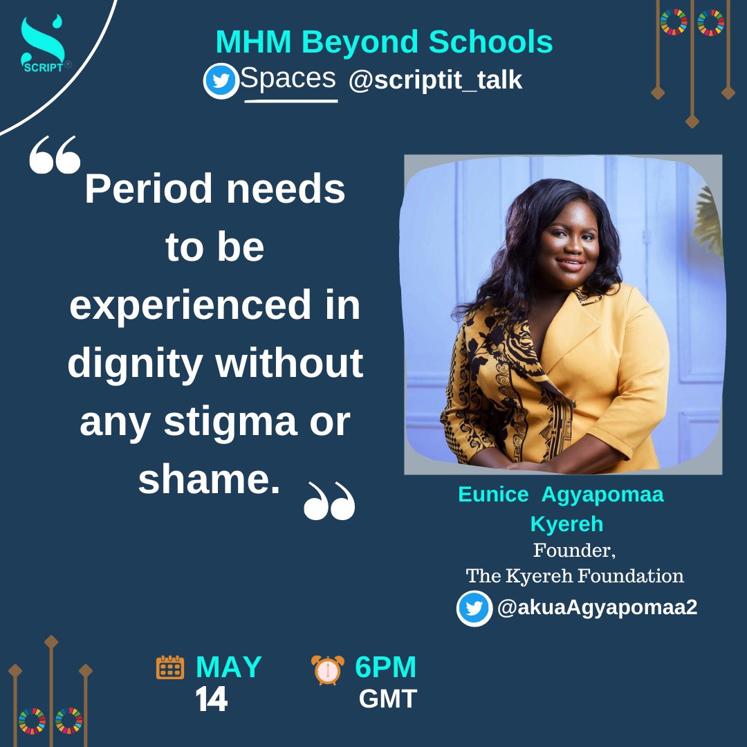 scriptit_talk's tweet photo. "Period needs to be experienced in dignity without any stigma or shame"- @AkuaAgyapomaa2

Don't miss the conversation today @6pm GMT. Click on the link to set a reminder👇🏾
https://t.co/OqWfSrH599

#WeAreCommitted
#Youth4SDGs
#MHD2022 https://t.co/PKWO1S6y3o