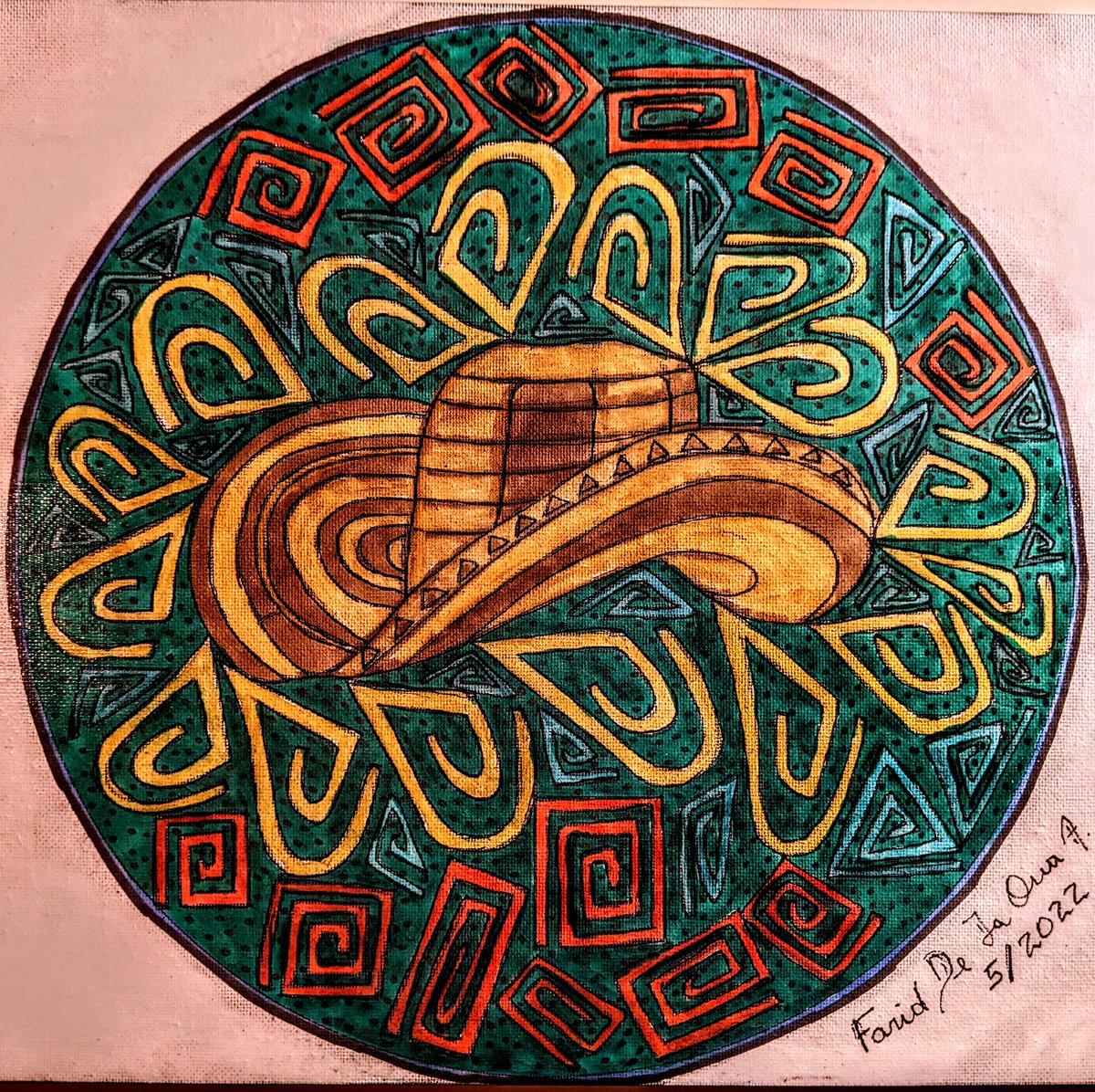 farid_ossa's tweet photo. "Northern Colombian Hat within Mola Inspired Tapestry" (5/2022) : 14" x 11" mandala art piece on canvas with back ink and water paint. #sombrerovoltiao #mola #tapestry #guna #indigenoustapestry #colombia #mandalaart #latinartist #latinxart #art #latinart https://t.co/277RjrggLl