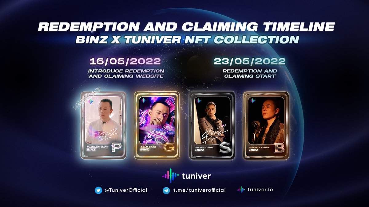 TuniverOfficial's tweet photo. Here we are super excited to bring you Redemption and Claiming Timeline for the legendary Music NFT Collection from Binz. 
 
More detail about REDEMPTION AND CLAIMING TIMELINE: https://t.co/Q9dwjitSfG

Stay tuned! https://t.co/HHUfBLBe8I