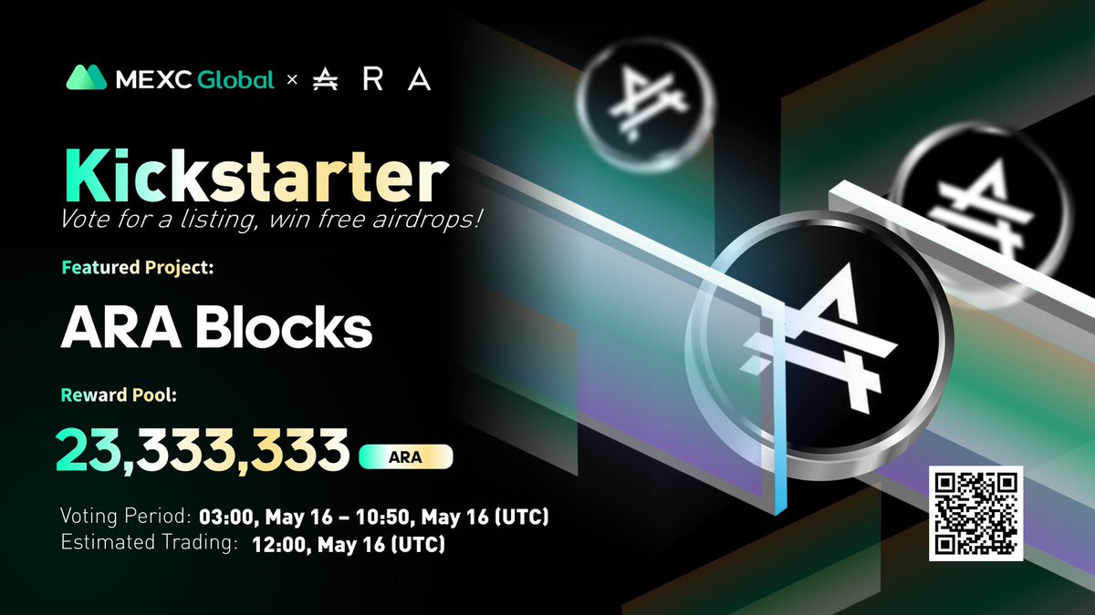 MEXC's tweet photo. Presenting the new #Kickstarter session with @AraBlocks
🗳️Vote with $MX to get $ARA listed and share 23,333,333 $ARA
⏰Period: 03:00 - 10:50 May 16 ( UTC)
📈Trading: 12:00 May 16 (UTC)
Details: https://t.co/9eMRDDGyQF
💚Sign up: https://t.co/9v8MpnQjbS
#Arablocks #MEXC https://t.co/qnbgg4wydi