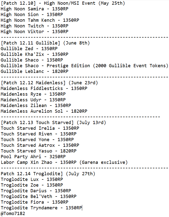 Tomo7182's tweet image. Wow some new leaks out for league of legends. I'm really excited for High Noon Tahm Kench and Labor Camp Xin Zhao!